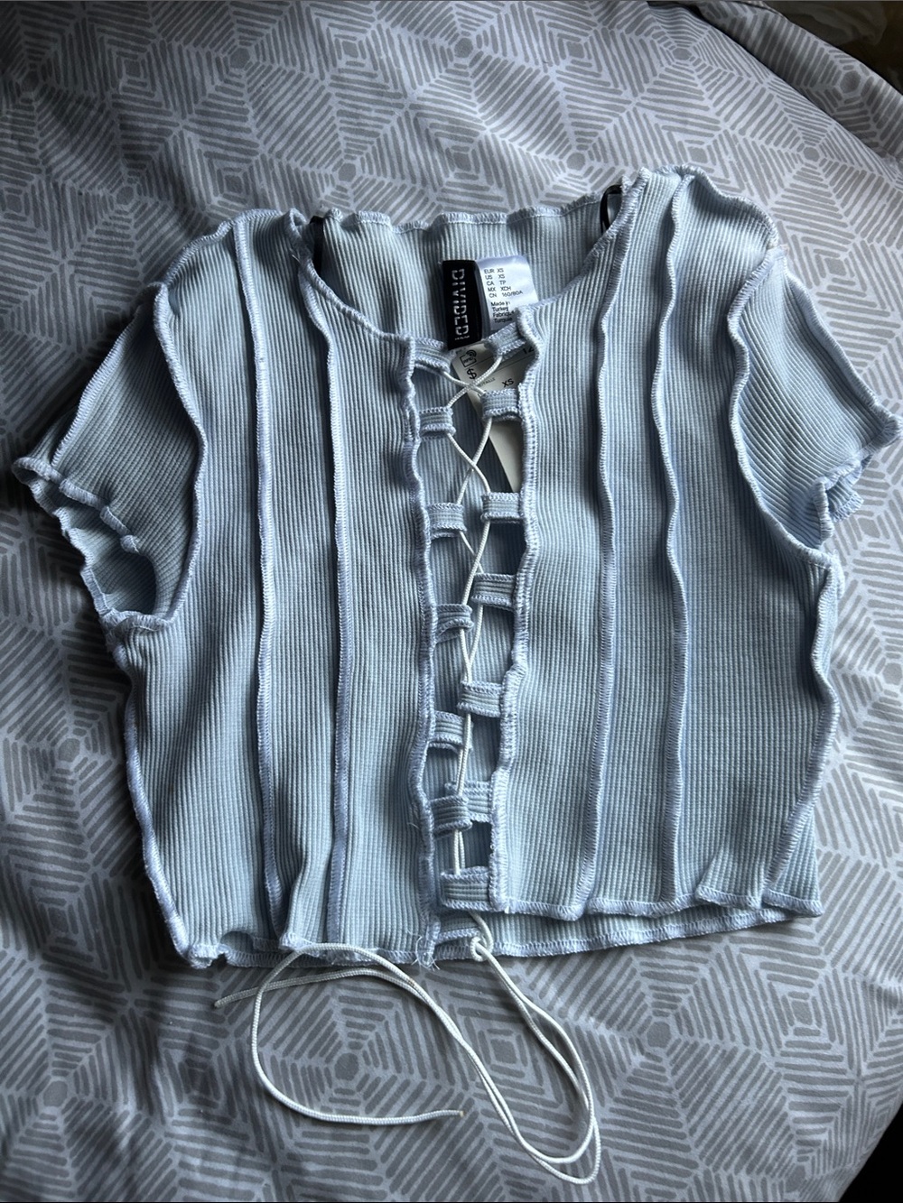 H&M Light Blue Ribbed Raw-Edge Lace-Up CAP Sleeve Crop Top Size XS BRAND NEW TAG